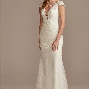 Wedding Dress Beaded Tulle Sheath with Swag back, Train and cap sleeves